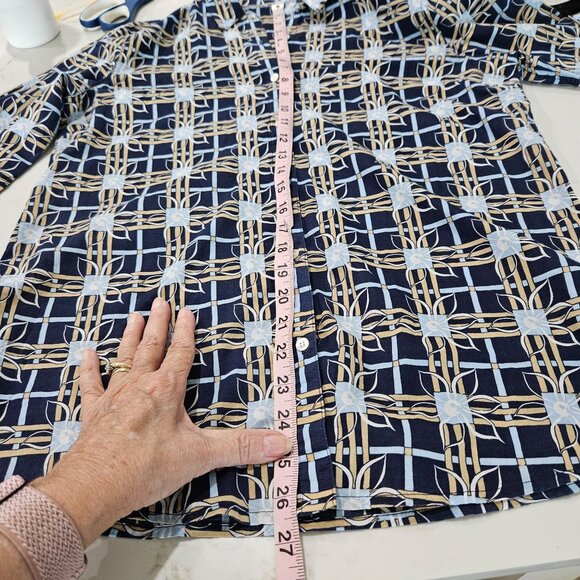 J. McLaughlin Button Down Blouse Sz Medium Blue & Tan Plaid Floral Career - Picture 6 of 9